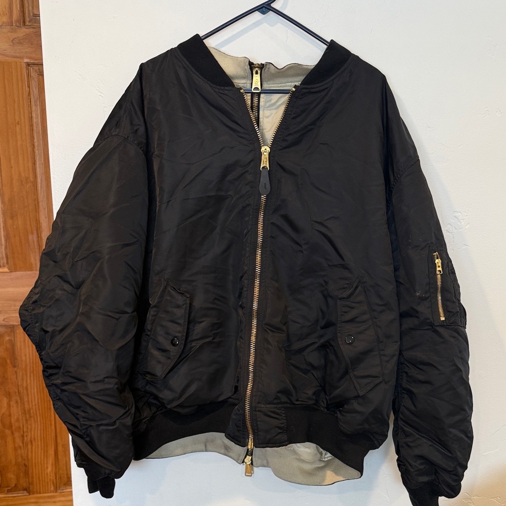 Vetements Black and Tan Bomber Jacket with Gold Accents Reversible Coloring